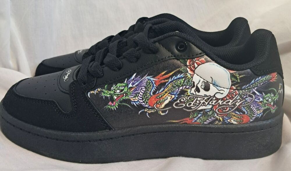 Ed Hardy Shoes Black Leather Low Top Skull Free Forever  Womens 7 Kids 5 EU 37.5
